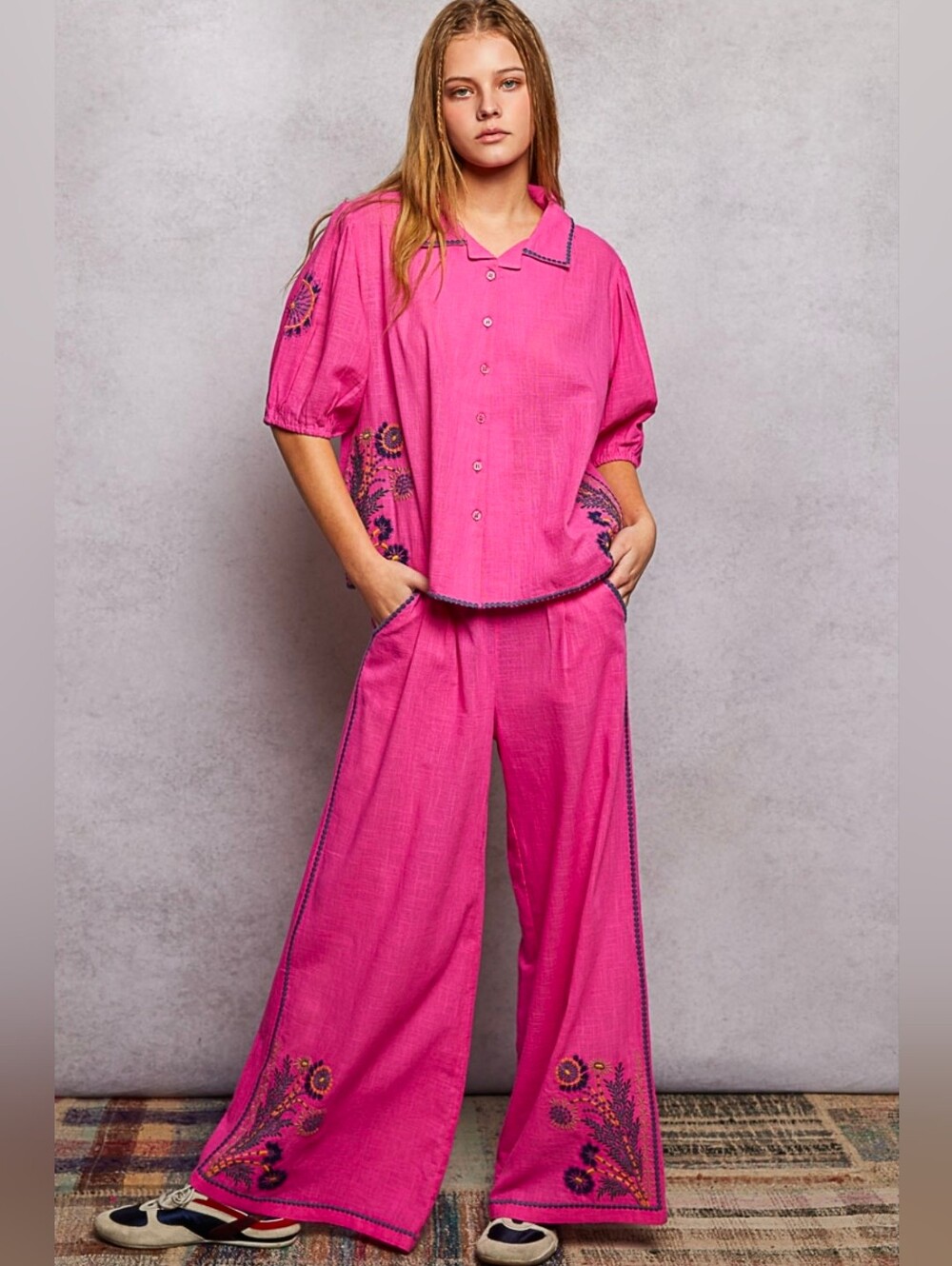 NEW!! 2 PC POL 100% Cotton Pink Wide-Leg Embroidered Pant Set, NWT